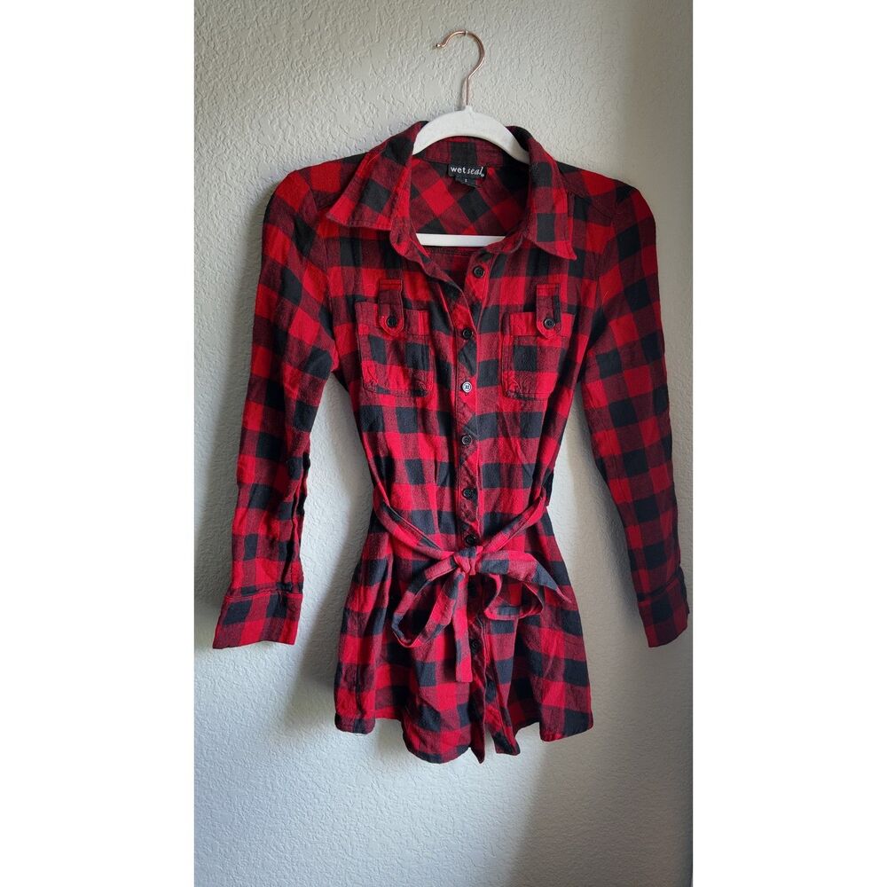 Wet Seal 100% Cotton Soft Buffalo Plaid Flannel Shirt Dress Small Belted